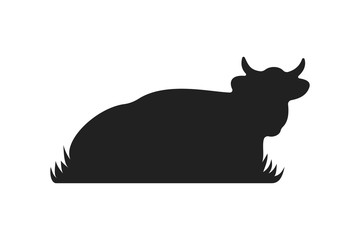 Cow silhouettes on grass. Cow grazing on meadow vector cartoon illustration.
