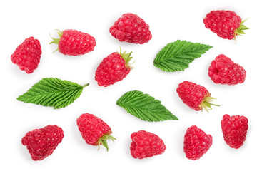 raspberries with leaves isolated on white background. Top view. Flat lay