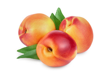 Nectarine fruit with leaf isolated on white background cutout