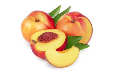 Nectarine fruit and half with leaf isolated on white background cutout