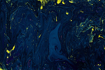 Navy Blue and Yellow Fluid Liquid Acrylic Paint Marbled Texture
