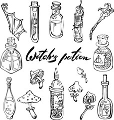 Obraz premium Vector set of witch potion ingredients. Poisoned mushrooms, glass bottles with herbs and liquids, bat wing vox candle . Linear , hand drawn isolated on white elements for halloween 