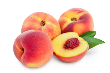 Fototapeta na wymiar Ripe peach fruit and half with leaf isolated on white background
