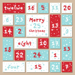 Fototapeta na wymiar Vector Christmas advent calendar. Winter holidays poster with dates. Cute decoration xmas day celebration.