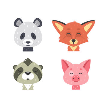 Cute animal faces vector set. Hand drawn animals characters. Fox, panda, pig, sloth. Mammal kids.