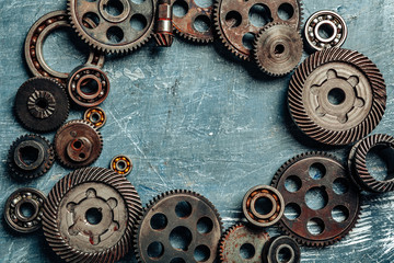 Top view of old rusty car parts