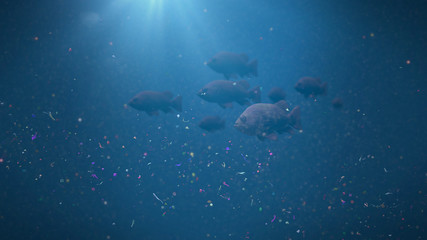 fish swarm swimming through plastic pollution, micro plastic particles in ocean water  - obrazy, fototapety, plakaty