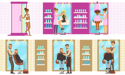 Beauty Salon Interior with Workers and Clients Set, Men and Women Having Defferent Treatment Procedures Vector Illustration