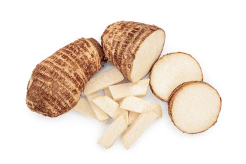 fresh taro root isolated on white background. Top view. Flat lay