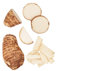 fresh taro root isolated on white background with copy space for your text. Top view. Flat lay. Set or collection