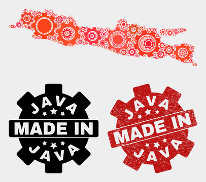 Mosaic gear Java Island map and textured seal. Vector geographic abstraction in red colors. Mosaic of Java Island map composed from scattered gearwheel elements. Red colored model for service,