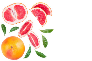 Grapefruit and slices with leaves isolated on white background with copy space for your text. Top view. Flat lay pattern