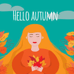 Beautiful young woman with long blond hair holding bouquet of red and orange autumn leaves under the blue sky with clouds. Poster or greeting card with Hello autumn words. Flat cartoon vector.