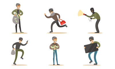 Criminals and Robbers Characters Set, Masked Burglars in Dark Clothes in Masks Stealing Money, Handbag, Electronics Vector Illustration