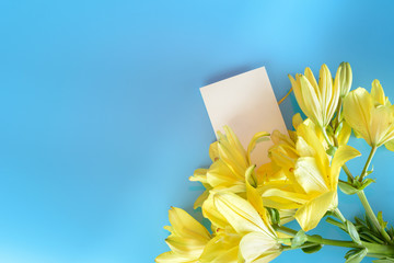 Close up of Lily flowers and card on blue background.
