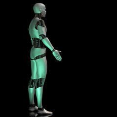 humanoid robot standing in front of an empty space, cyborg on shiny stage background