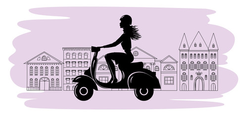 Girl in dress riding a scooter. The silhouette of the girl on the background of the city. Vector illustration. © belaia