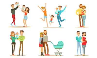 Fototapeta na wymiar Happy Families Set, Smiling Mother, Father and Babies, Family Couple Expecting Baby Vector Illustration