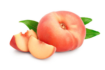 Ripe chinese flat peach fruit and slices with leaf isolated on white background