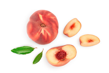 Ripe chinese flat peach fruit and half with leaf isolated on white background. Top view. Flat lay