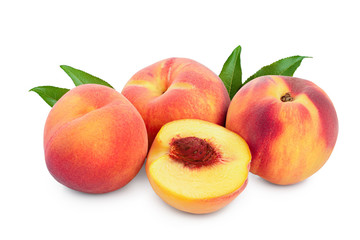 Ripe peach fruit and half with leaf isolated on white background