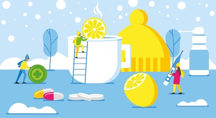 Winter seasonal cold. Drugs for the treatment of acute respiratory infections. Remedies for the treatment of colds. Vector flat illustration.