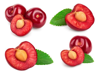 Set sweet cherry berry. one cut in half with bone, two a branch with leaf, and single isolated on white background