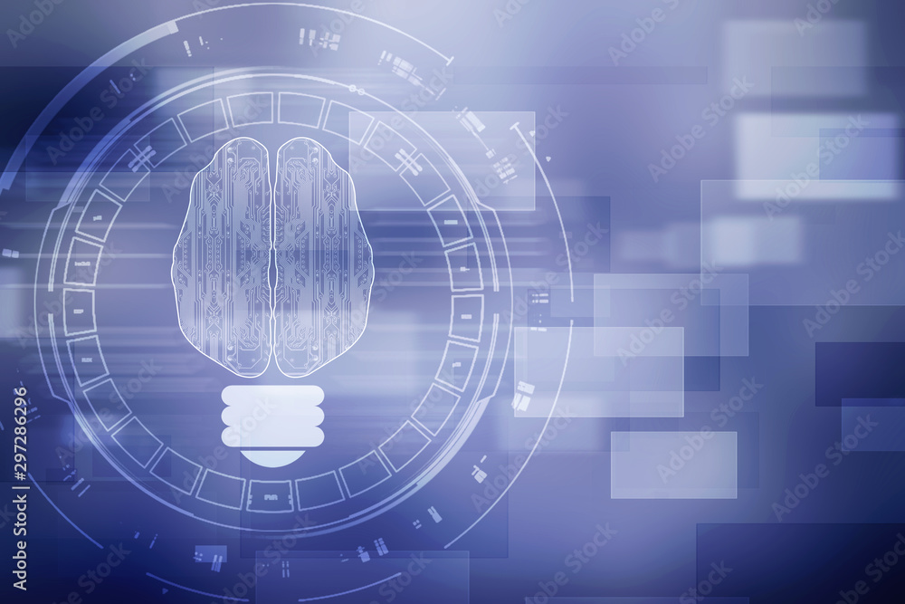 Poster 2d illustration concept of thinking, background with brain, abstract artificial intelligence. techno