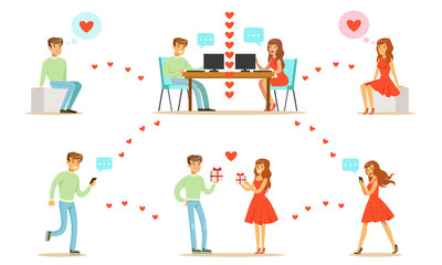 Young Man and Woman Communicatitng with Their Mobile Phones and Computers, First Dating Vector Illustration