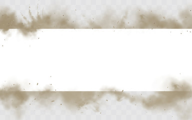 Smoke empty banner mock up, dirty smog horizontal border isolated on white background, brown heavy thick dust steam frame with motes and sand design element mockup. Realistic 3d vector illustration
