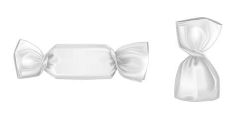 White candy wrappers, blank foil or paper wrapping package for lollipop and chocolate truffle sweets design elements for production advertising Realistic 3d vector illustration, isolated clip art