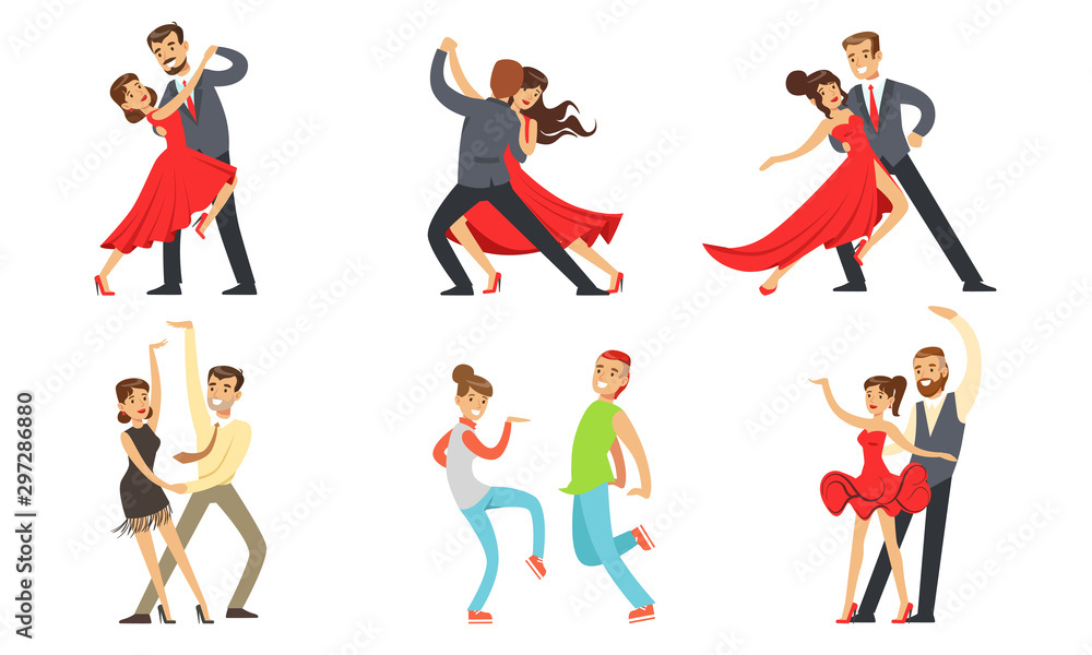 Sticker dancing couples set, professional dancers performing classical and modern dances vector illustration