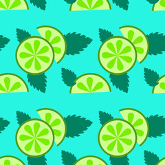 Seamless pattern with cartoon style lime with leaves.