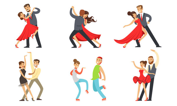 Dancing Couples Set, Professional Dancers Performing Classical and Modern Dances Vector Illustration