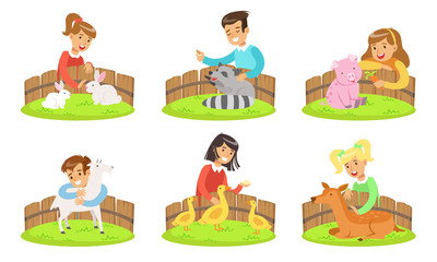 Obraz na płótnie Canvas Happy Children and Cute Animals In Petting Zoo Set, Boys and Girls Playing, Feeding and Hugging with Piglet, Rabbit, Goat, Raccoon, Gosling, Fawn Vector Illustration