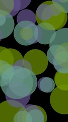 Multicolored translucent circles on a dark background. Green tones. 3D illustration