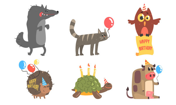 Collection of Cute Animals for Happy Birthday Design, Wolf, Cat, Owl, Hedgehog, Turtle, Cow Vector Illustration