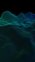 Abstract green landscape on a black background. Cyberspace grid. hi tech network. Depth of field. 3D illustration