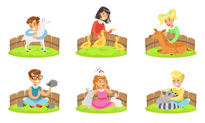 Happy Children and Cute Animals In Petting Zoo Set, Boys and Girls Playing, Feeding and Hugging with Goat, Gosling, Fawn, Rabbit, Raccoon, Hedgehog Vector Illustration