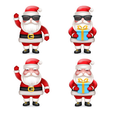 Cute 3d Realistic Cartoon Secret Santa Claus Toy Gift Box Sunglasses Character Icons Set Isolated Vector Illustration