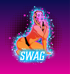 Cartoon style blonde girl with candy sweet in her lips.