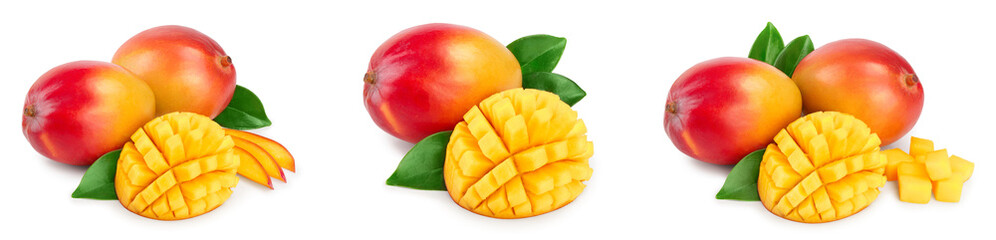 Mango fruit half with leaves and slices isolated on white background close-up. Set or collection