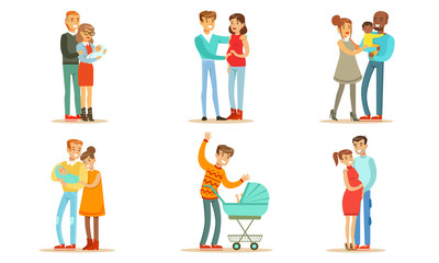 Happy Traditional Families with Newborn Babies Set, Smiling Mother, Father and Kids, Family Couple Expecting Baby Vector Illustration