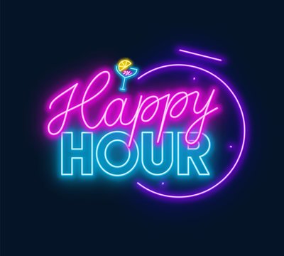 Happy hour neon sign on dark background. Vector illustration.