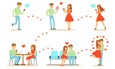 Young Man and Woman Communicatitng with Their Mobile Phones, First Dating Vector Illustration