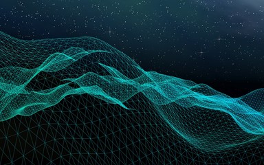 Abstract landscape on a dark background. Cyberspace grid. hi tech network. Outer space. Starry outer space texture. 3D illustration
