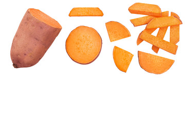 Sweet potato isolated on white background with copy space for your text. Top view. Flat lay.