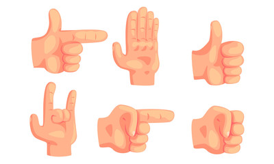 Various Hand Gestures Set, Human Hand Showing Different Signs and Emotions Vector Illustration
