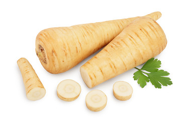 Parsnip root and slices with parsley isolated on white background closeup