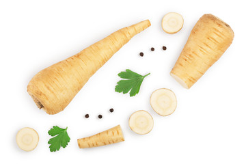 Parsnip root and slices with parsley peppercorns isolated on white background with copy space for your text. Top view. Flat lay,